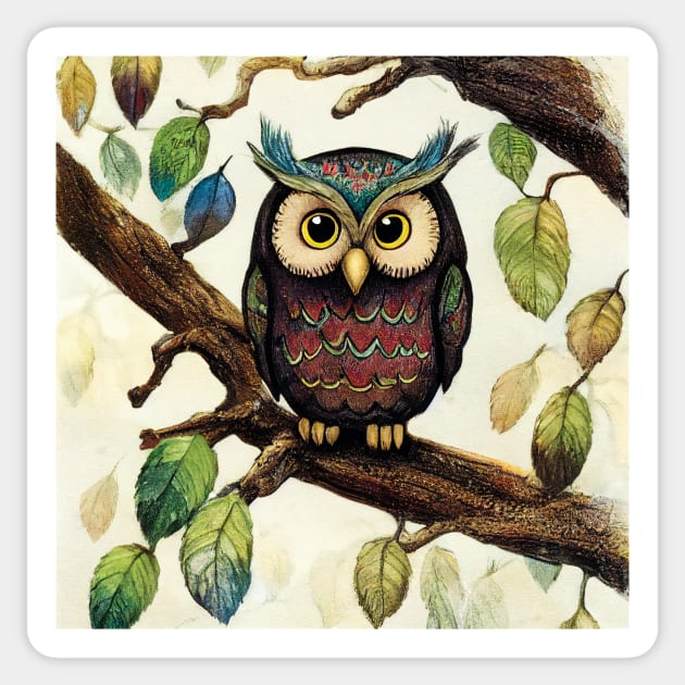 Cute Owl with russet and teal feathers Sticker by Geminiartstudio